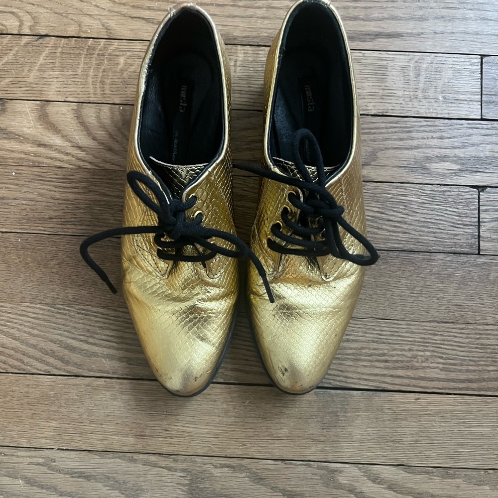 Miista Metallic Gold Lace-Up Oxfords with Black Laces